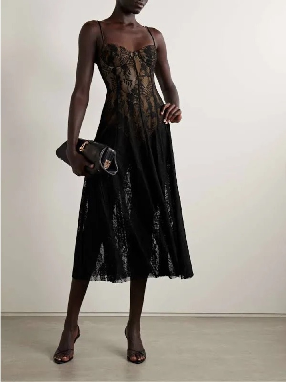 Norma Kamali Black Stretch-Lace Midi dress